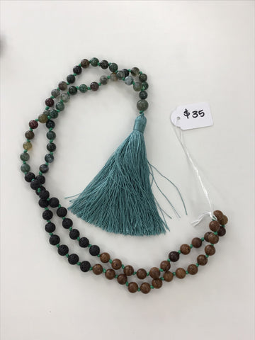 Mala necklace Indian Agate, wood and Lava beads