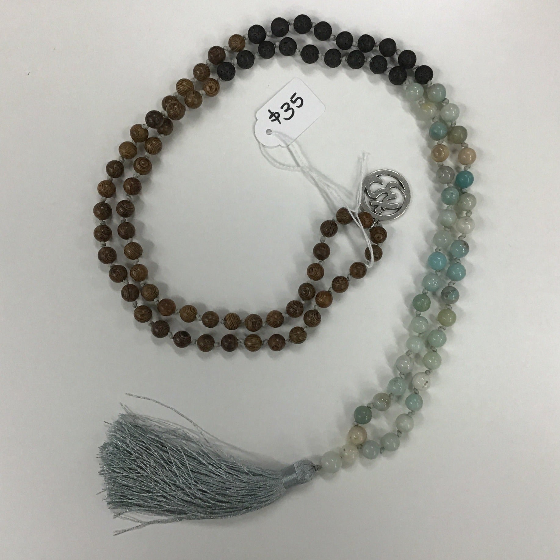 Mala necklace Amazonite, wood and Lava beads