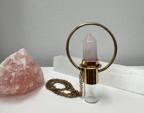 Rose Quartz (round style) Perfume Essential Oil Diffuser Bottle Gemstone Pendant Necklace