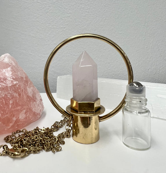 Rose Quartz (round style) Perfume Essential Oil Diffuser Bottle Gemstone Pendant Necklace